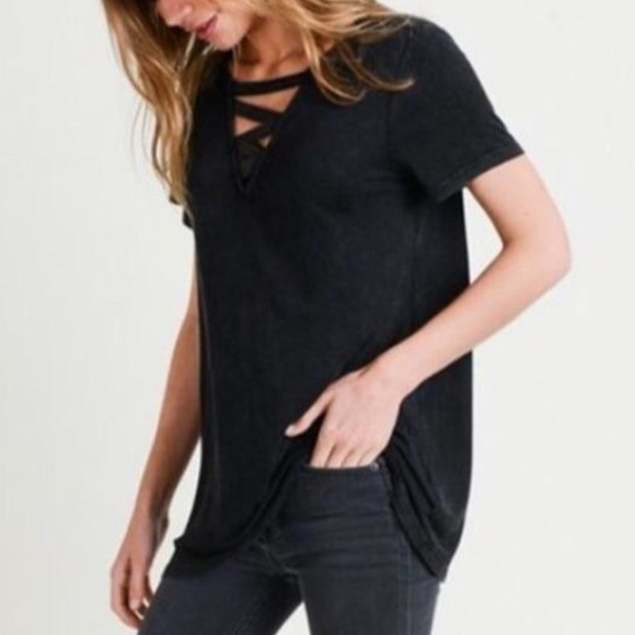 DOE & RAE Criss Cross Cage Tee Stone Washed Burgundy Stretch Sz L XL - Picture 1 of 3